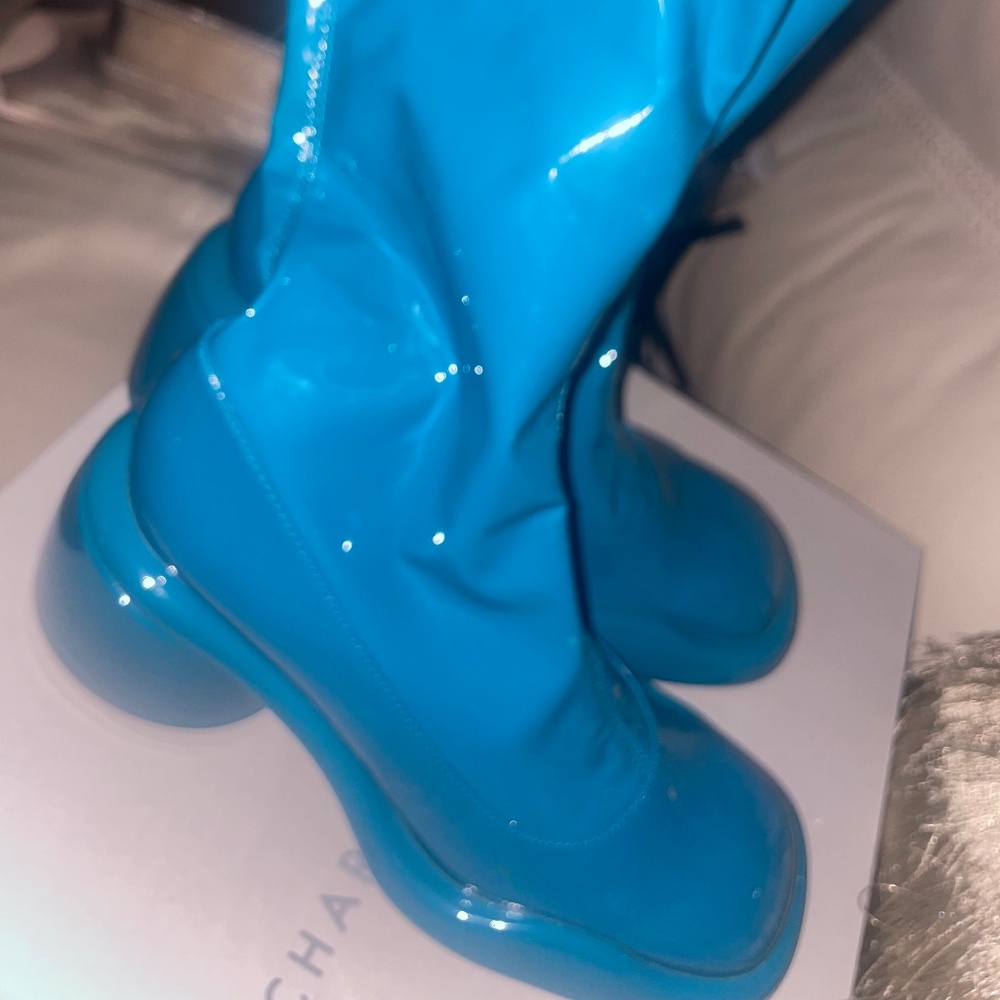 Turquoise Patent leather boots